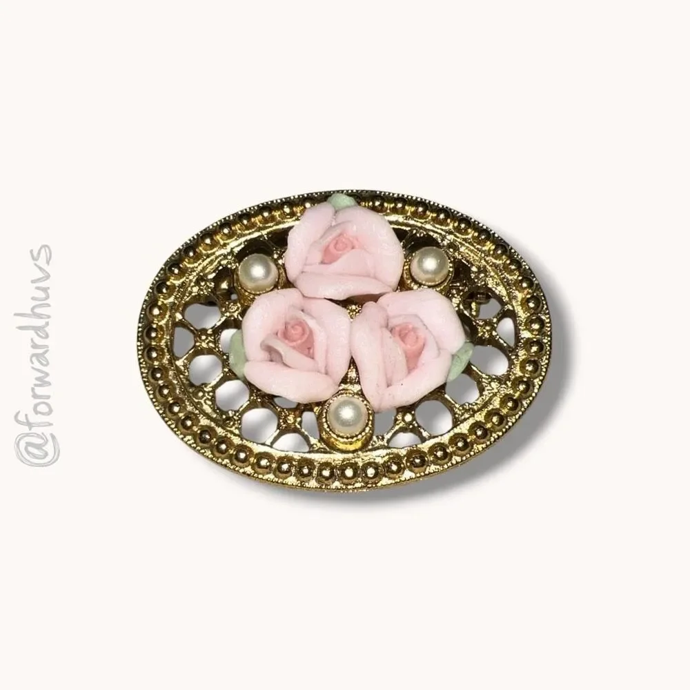 1928 Jewelry Pink Porcelain Rose Faux Pearl Filigree Brooch Gold Tone